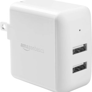 Amazon Basics 24W Two Port USB-A Wall Charger (12W, 2.4A per port) for Phones (iPhone 15/14/13/12/11/X, Samsung, and more), non-PPS, White