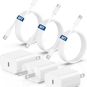 3Pack iPhone 15 Fast Charger Block for Apple iPhone 15 Plus/15 Pro Max/iPad Pro 12.9/11inch/4/2 th/Air/Mini/6 Gen,6ft Type C to C Cable Cord Long with USB C Wall Charging Power Adapter Plug Cube Brick