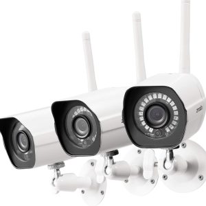 [2023 Upgraded] Zmodo 1080p Outdoor Wireless Camera, 3 Pack Indoor Outside WiFi Cameras, IR Night Vision, Motion Detection, Remote View, Easy Setup, White, Plug-In, Compatible with Alexa 3 Count
