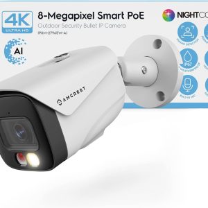Amcrest Amcrest UltraHD 4K (8MP) IP PoE AI Camera, FOV 129°, 49ft Color Nightvision, Security Outdoor Bullet Camera, Human & Vehicle Detection, Active Deterrent, 4K @15fps, IP8M-2796EW-AI (White)