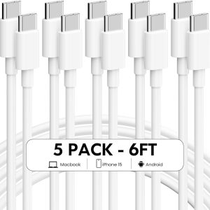 USB C Charger Cable – 5Pack 6FT (60W/3.1A) USB C to USB C Cable Type C Fast Charging Cord for iPhone 15/15 Pro/15 Plus/15 Pro Max, MacBook Pro, iPad Mini 6/Pro 2021/Air 4, Samsung Galaxy S23