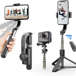 Gimbal Stabilizer for Smartphone ，with Retractable Selfie Stick and Tripod，1-Axis Multifunction Remote 360°Automatic Rotation， Auto Balance for iPhone/Android