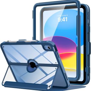 MoKo for iPad 10th Generation Case with Pencil Holder, iPad Case 10th Generation 2022 10.9″, Built-in Screen Protector Clear Back, Stain Resistant Multi Angle Viewing Stand, Auto Wake/Sleep, Navy Blue