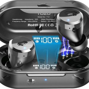 TOZO T12 Wireless Earbuds Bluetooth 5.3 Headphones Premium Sound Performance Touch Control LED Digital Display Wireless Charging Case Earphones Dark Black