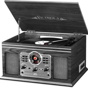 Victrola Nostalgic 6-in-1 Bluetooth Record Player & Multimedia Center with Built-in Speakers – 3-Speed Turntable, CD & Cassette Player, AM/FM Radio | Wireless Music Streaming | Grey | wood
