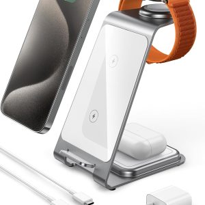Intoval 3-in-1 Wireless Charging Station for iPhone 15 Pro/15/15 Pro Max/14 Pro/14/14 Pro Max, Apple Watch 9/Ultra 2/SE/8/7/6/5/4/3/2, AirPods Pro/Pro 2/3 (Y93, Silver)