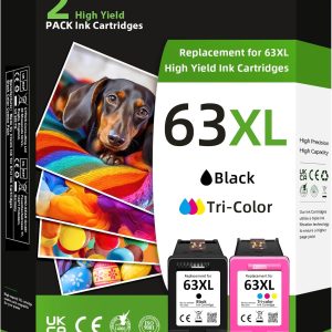 63XL Ink Cartridge Black and Color Combo Pack for HP Ink 63 63XL High Yield Replacement Fit for Envy 4510 4520 4522 for OfficeJet 3830 4650 5200 5255 5258for DeskJet 1112 2130 3630 (2 Pack)