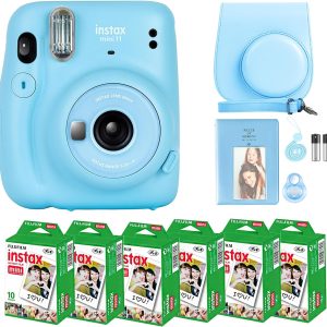 Fujifilm Instax Mini 11 Camera with Fujifilm Instant Mini Film (60 Sheets) Bundle with Deals Number One Accessories Including Carrying Case, Selfie Lens, Photo Album, Stickers (Sky Blue)
