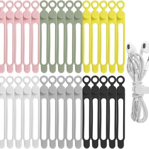 30Pcs Nearockle Silicone Cable Ties for Bundling Earphone, Phone Charger, Computer Cords, Reusable Cord Organizer Cable Management in Home,Office,Kitchen,School (6 Colors)