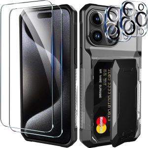 ChuoHoy Case Wallet for Apple iPhone 15 Pro Max Case with Card Holder Accessories, with 2 Pack Screen Protector 2 Pack Camera Lens Cover Protective, Cute Phone Case Woman Men Women Black