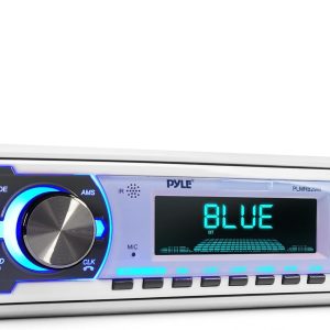 Pyle Marine Bluetooth Stereo Radio – 12v Single DIN Style Boat In dash Radio Receiver System with Built-in Mic, Digital LCD, RCA, MP3, USB, SD, AM FM Radio – Remote Control – PLMRB29W (White)