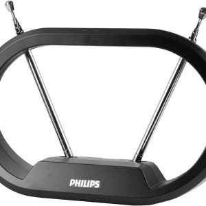 Philips Modern Loop Rabbit Ears Indoor TV Antenna, 15 inch Extendable Dipoles, 4K 1080P VHF UHF, Tabletop Antenna, Digital HDTV Antenna, Smart TV Compatible, 4ft Coaxial Cable, Black, SDV7114A/27