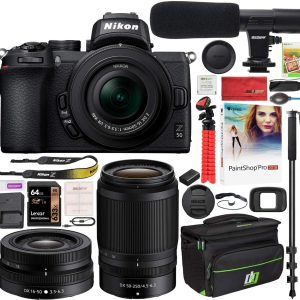 Nikon Z50 Mirrorless Camera Body 4K UHD DX-Format 2 Lens Kit NIKKOR Z DX 16-50mm F/3.5-6.3 VR + Z DX 50-250mm F/4.5-6.3 VR Bundle with Deco Gear Case + Microphone + Monopod + 64GB Card & Accessories