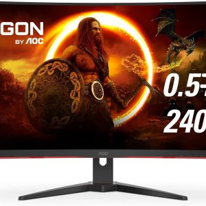 AOC C32G2ZE 32″ Curved Frameless Gaming Monitor, Full HD 1920×1080, VA, 0.5ms 240Hz, AMD FreeSync Premium, DP/HDMI/VGA, VESA, 3-3-1 Re-Spawn Program, Xbox PS5 Switch,Black