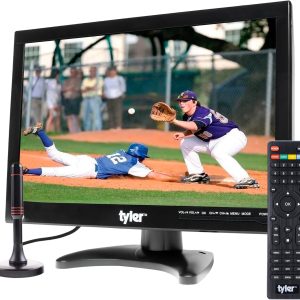 Tyler 14” Portable TV LCD Monitor 1080P Rechargeable Lithium Battery Operated, 2 Antenna, HDMI, USB, RCA, FM Radio, Digital Tuner, AV Inputs, AC/DC, TV Stand and Remote Control for Car Travel