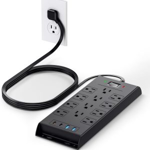 PD20W Power Strip Surge Protector(4800J), LeZone 10ft Long Extension Cord with 12 Outlets 2 USB C 2 USB Ports, Flat Plug Wall Mount, Desk Charging Station, Collage Dorm Essentials