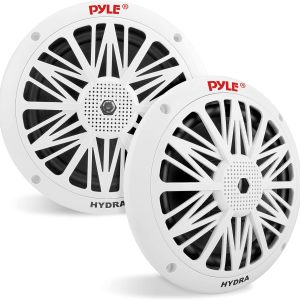 Pyle 6.5 Inch Dual Marine Speakers – 2 Way Waterproof and Weather Resistant Outdoor Audio Stereo Sound System with 200 Watt Power, Poly Carbon Cone and Butyl Rubber Surround – 1 Pair – PLMR62 (White)
