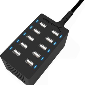 SABRENT 60 Watt (12 Amp) 10 Port [UL Certified] Family Sized Desktop USB Rapid Charger. Smart USB Ports with Auto Detect Technology [Black] (AX-TPCS)
