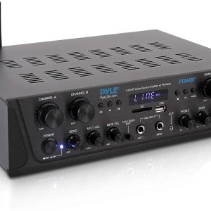 Pyle 500W Karaoke Wireless Bluetooth Amplifier – 4 Channel Stereo Audio Receiver with AUX IN, FM Radio, RCA Subwoofer Speaker OUT, USB, Microphone IN with Echo, 500W Peak Power into 4-8 OHMS – PTA44BT