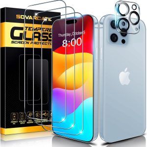 SOVARCATE iPhone 15 Pro Screen Protector 3 Pack [6.1 Inch] with 1 Pack Camera Lens Protector, Tempered Glass Film, HD Clear, 9H Hardness, No Bubbles, Case Friendly