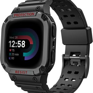 Fintie Bands with Case Compatible with Fitbit Versa 4/3 / 2/1 / Versa Lite/Fitbit Sense 2 / Sense, Protective Case Strap Rugged Sport Band Men