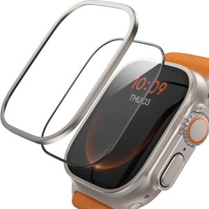 Lamicall Titanium Screen Protector for Apple Watch Ultra 2/Ultra – [Enjoy Original Beauty] Aviation Titanium Bumper Frame Case Cover, 2Pack Tempered Glass Film [Sensitive Touch] for iWatch Ultra 49mm