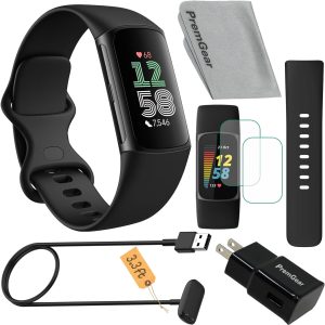 Fitbit Charge 6 Fitness Tracker Watch (Black) Bundle with 2 Watch Bands, 3.3foot Charge Cable, Wall Adapter, Screen Shields & Cloth Compatible with Fitbit