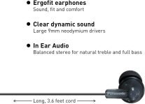 Panasonic ErgoFit Wired Earbuds, In-Ear Headphones with Dynamic Crystal-Clear Sound and Ergonomic Custom-Fit Earpieces (S/M/L), 3.5mm Jack for Phones and Laptops, No Mic – RP-HJE120-K (Black)