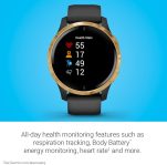 Garmin 010-02173-31 Venu, GPS Smartwatch, Bright Touchscreen Display, Features Music, Body Energy Monitoring, Animated Workouts, Pulse Ox Sensor and More, Gold with Black Band