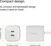 Belkin 45W Dual USB-C Wall Charger, Fast Charging Power Delivery 3.0 w/ GaN Technology for iPhone 15, 13, Mini, iPad Pro 12.9, MacBook, Galaxy S23, & More – White