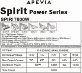 Apevia SPIRIT600W Spirit 600W ATX Power Supply with Auto-Thermally Controlled 120mm Fan, 115/230V Switch, All Protections