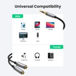 UGREEN Headphone Splitter 3.5mm Audio Stereo Y Splitter Aux Extension Cable Male to Female Dual Headphone Jack Adapter for Earphone Compatible with iPhone Samsung iPad Tablet Laptop, Black