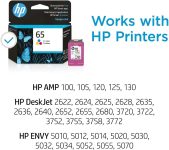 HP 65 Tri-color Ink Cartridge | Works with HP AMP 100 Series, HP DeskJet 2600, 3700 Series, HP ENVY 5000 Series | Eligible for Instant Ink | N9K01AN