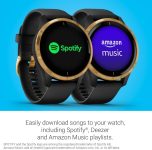Garmin 010-02173-31 Venu, GPS Smartwatch, Bright Touchscreen Display, Features Music, Body Energy Monitoring, Animated Workouts, Pulse Ox Sensor and More, Gold with Black Band