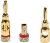 Monoprice 109437 5PRJX74047 Gold Plated Speaker Banana Plugs – 5 Pairs – Open Screw Type, For Speaker Wire, Home Theater, Wall Plates And More