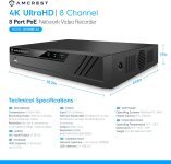 Amcrest NV4108E-A2 4K 8CH POE NVR (1080p/3MP/4MP/5MP/8MP) POE Network Video Recorder – Supports up to 8 x 8MP/4K IP Cameras, 8-Channel Power Over Ethernet Supports up to 10TB HDD (Not Included)