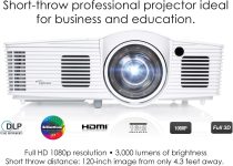 Optoma EH200ST Full 3D 1080p 3000 Lumen DLP Short Throw Projector with 20,0001 Contrast Ratio and MHL Enabled HDMI Port , white