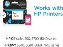 HP 62 Tri-color Ink Cartridge | Works with HP ENVY 5540, 5640, 5660, 7640 Series, HP OfficeJet 5740, 8040 Series, HP OfficeJet Mobile 200, 250 Series | Eligible for Instant Ink | C2P06AN