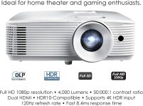 Optoma HD39HDR High Brightness HDR Home Theater Projector | 120Hz Refresh Rate | 4000 lumens | Fast 8.4ms Response time with 120Hz | Easy Setup with 1.3X Zoom | 4K Input | Quiet Operation 26dB