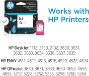 HP 63 Tri-color Ink Cartridge | Works with HP DeskJet 1112, 2130, 3630 Series; HP ENVY 4510, 4520 Series; HP OfficeJet 3830, 4650, 5200 Series | Eligible for Instant Ink | F6U61AN