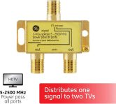 GE Digital 2-Way Coaxial Cable Splitter, 2.5 GHz 5-2500 MHz, RG6 Compatible, Works with HD TV, Satellite, High Speed Internet, Amplifier, Antenna, Gold Plated Connectors, Corrosion Resistant, 33526