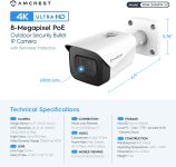 Amcrest UltraHD 4K (8MP) Outdoor Bullet POE IP Camera, 3840×2160, 98ft NightVision, 2.8mm Lens, IP67 Weatherproof, MicroSD Recording, White (IP8M-2496EW-V2)