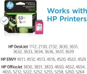 HP 63XL Tri-color High-yield Ink | Works with HP DeskJet 1112, 2130, 3630 Series; HP ENVY 4510, 4520 Series; HP OfficeJet 3830, 4650, 5200 Series | Eligible for Instant Ink | F6U63AN