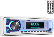Pyle Marine Bluetooth Stereo Radio – 12v Single DIN Style Boat In dash Radio Receiver System with Built-in Mic, Digital LCD, RCA, MP3, USB, SD, AM FM Radio – Remote Control – PLMRB29W (White)