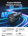 UGREEN 63W USB C Car Charger Adapter, PPS 45W Super Fast Charging 2.0 + 18W QC Type C Car Charger, Dual USB Car Charger for Galaxy S24/S23/S22/S21/S20/Note 20 Series, iPhone 15/14/13/12/iPad/MacBook