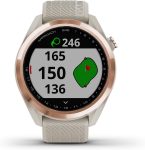 Garmin Approach S42, GPS Golf Smartwatch, Lightweight with 1.2″ Touchscreen, 42k+ Preloaded Courses, Rose Gold Ceramic Bezel and Tan Silicone Band, 010-02572-12