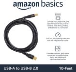 Amazon Basics USB-A to USB-B 2.0 Cable for Printer or External Hard Drive, Gold-Plated Connectors, 10 Foot, Black