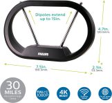 Philips Modern Loop Rabbit Ears Indoor TV Antenna, 15 inch Extendable Dipoles, 4K 1080P VHF UHF, Tabletop Antenna, Digital HDTV Antenna, Smart TV Compatible, 4ft Coaxial Cable, Black, SDV7114A/27