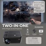 RCA DVD PROJECTOR WITH SPEAKER BUILT IN – Mini Portable Projector with Bluetooth – Indoor/Outdoor Projector and Screen Package – HDMI/AV/VGA/Micro SD Compatible – Quiet Fan System – 1920×1080 Res