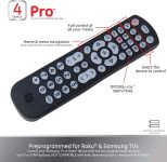 GE Universal Remote Control for Samsung, Vizio, LG, Sony, Sharp, Roku, Apple TV, TCL, Smart TV, Streaming Media Player, Blu-Ray Player, DVD Player, Easy Programming, 4-Device, Black, 40081